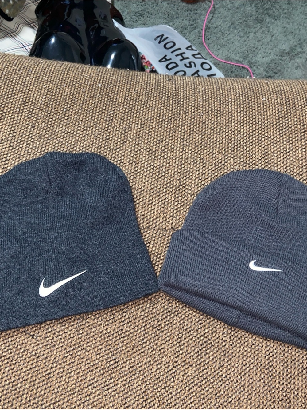 Nike Dark Gray & Charcoal Knit Beanies with White Swoosh